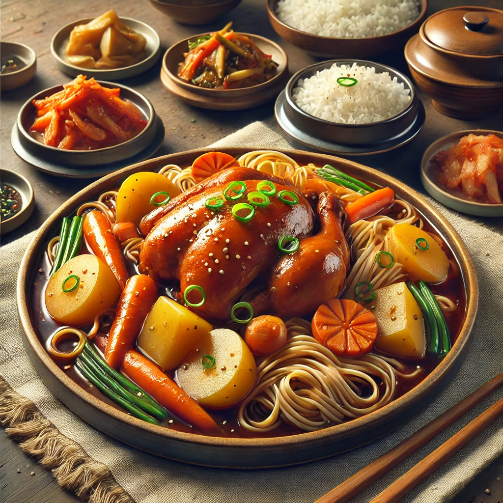 식탁에 올려놓은 반찬들과 안동찜닭