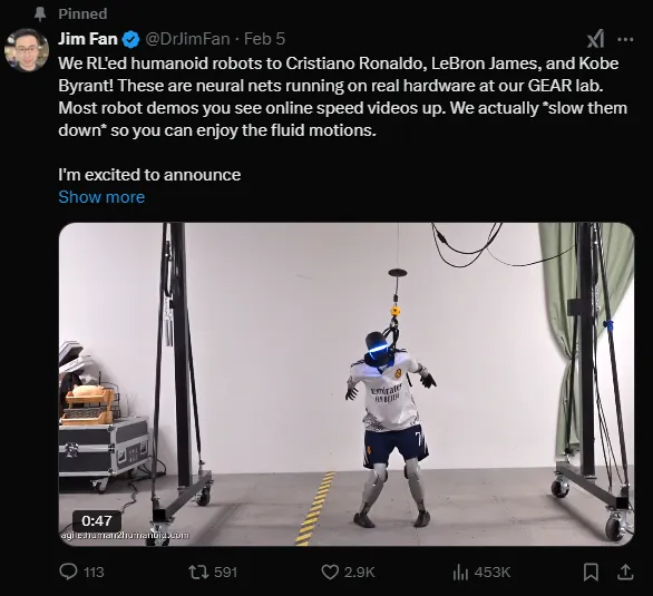 NVRResearch의 선입 AI 연구 과학자인 Jim Fan이 x.com에 올린 로봇 훈련 영상 이미지
