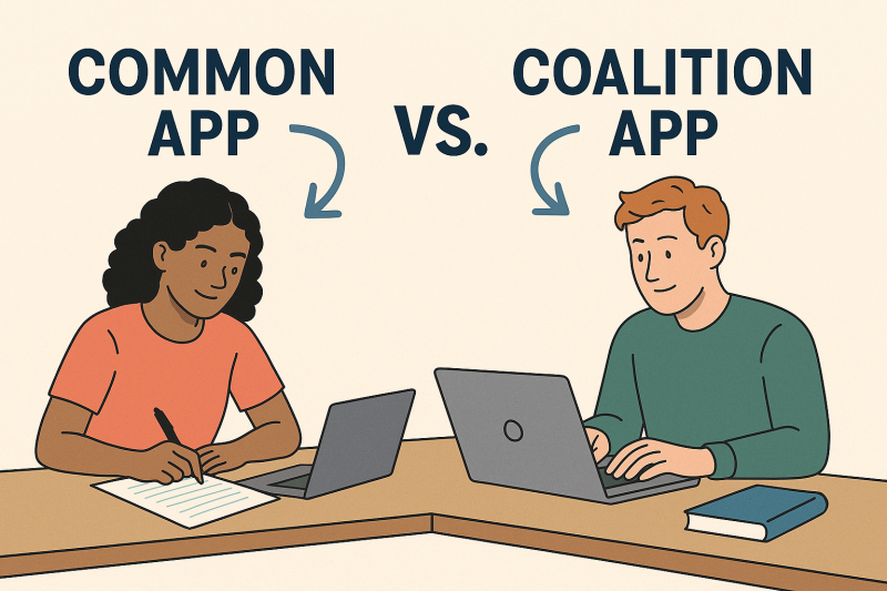 Illustration of two students using laptops labeled Common App and Coalition App for college application comparison
