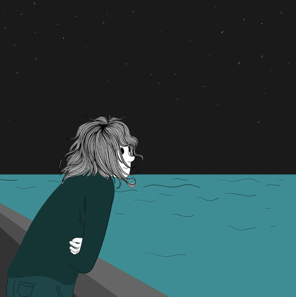 고독한 여자가 바다를 바라보고 있는 일러스트