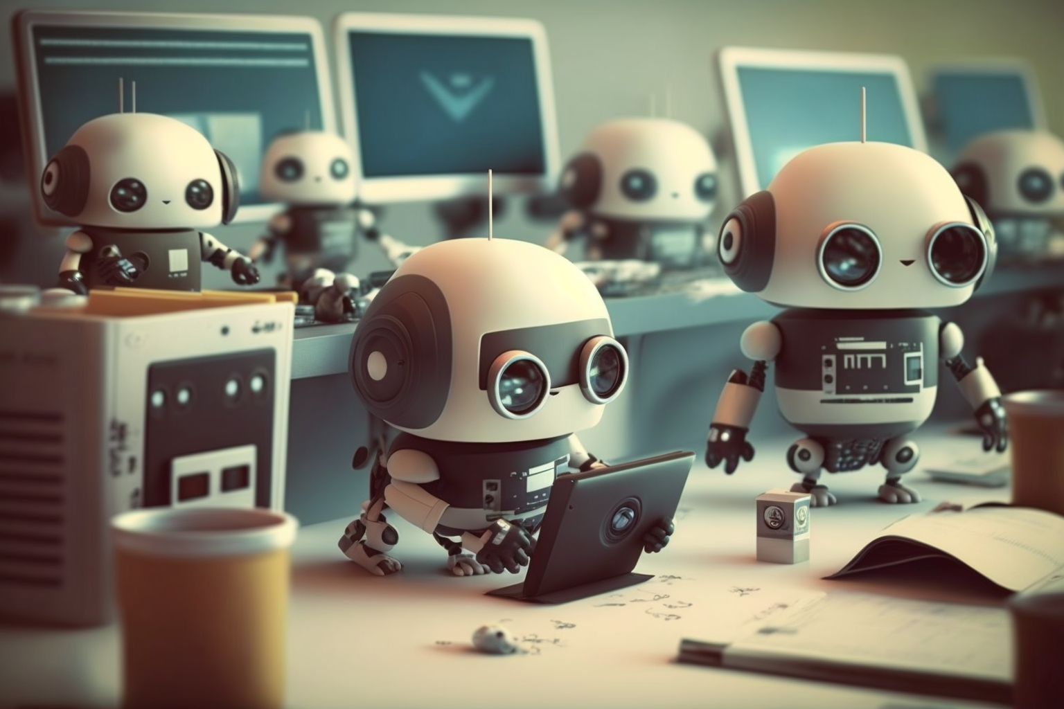 귀여운 로봇들이 열심히 일하는 사진
