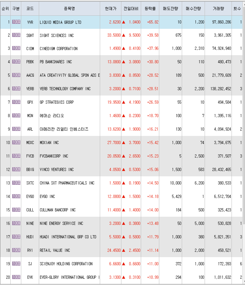  7월15일 미국주식 상승률 상위 종목 TOP 300