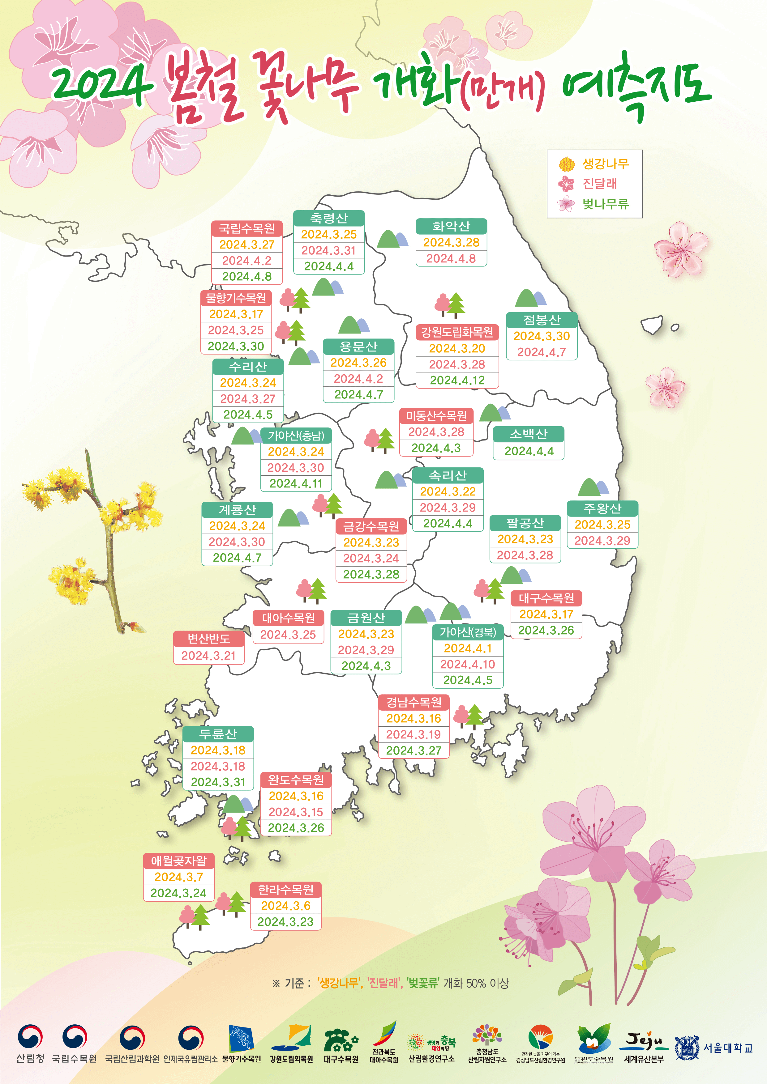 2024 봄철 꽃나무 개화 만개 예측지도