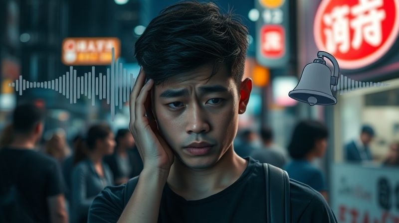 귀에서 삐 소리가 들려 괴로워하며 귀를 막고 있는 스트레스 받은 사람