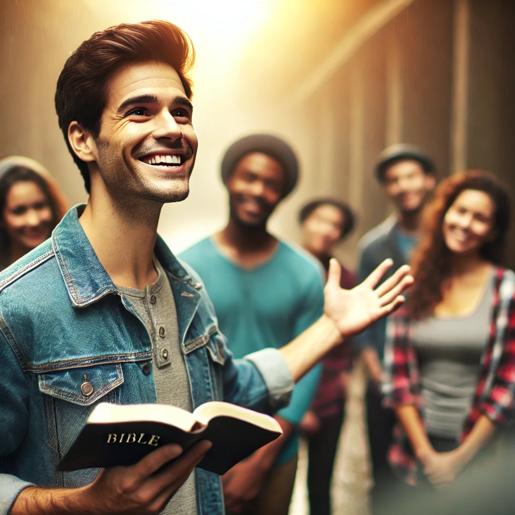 Here is the image showing a person joyfully and confidently sharing the Gospel and God's word with others. It captures the sense of faith, gratitude, and hope while speaking God's message to those around.