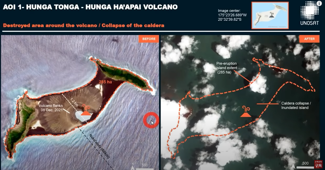 유엔위성센터-UNOSAT-통가화산섬-훈가통가-훈가하파이-화산섬-폭발전모습-왼쪽-폭발후모습-오른쪽