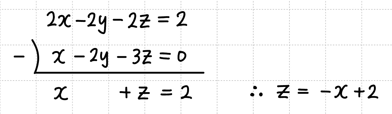 x - y - z = 1과 x - 2y - 3z = 0두 식을 이용해 x, z 사이의 관계를 구하는 연립