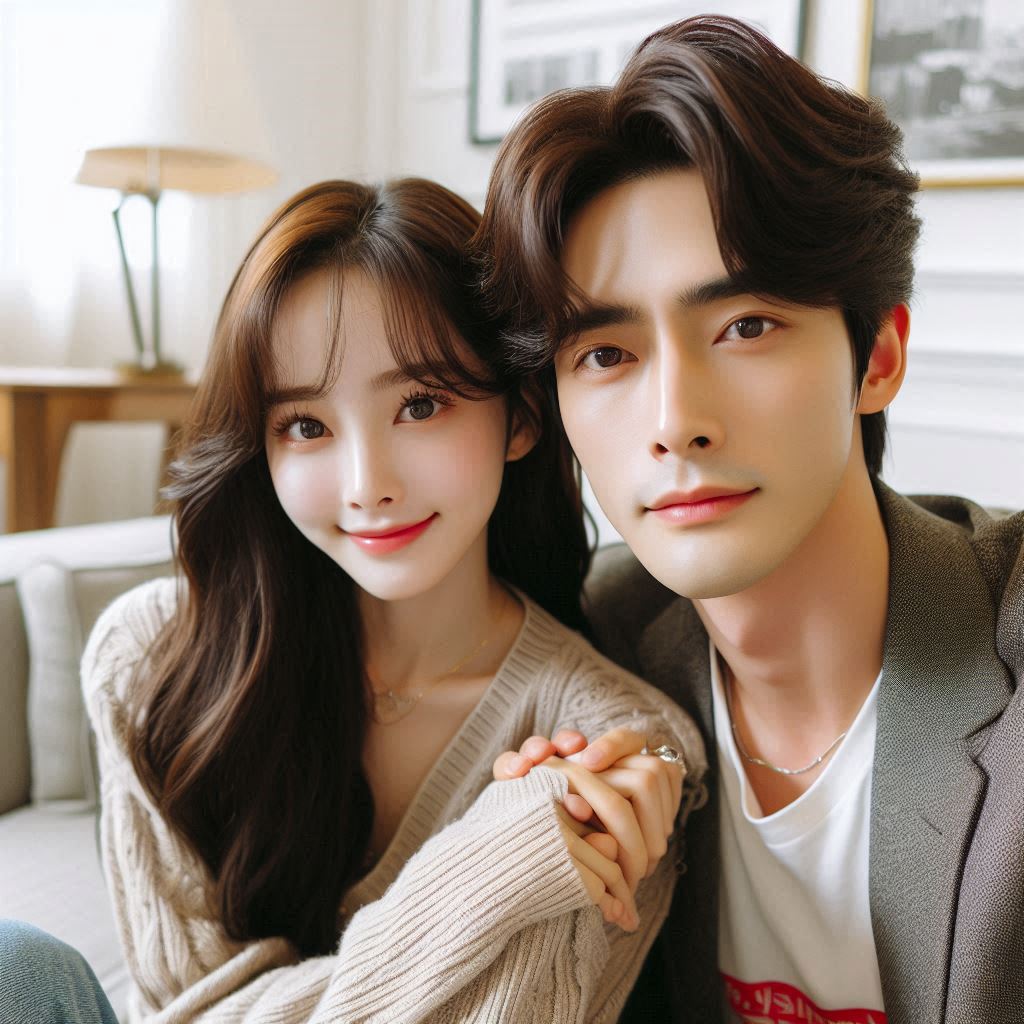 A realistic image of a good-looking and pretty 20-year-old Korean couple in a harmonious relationship