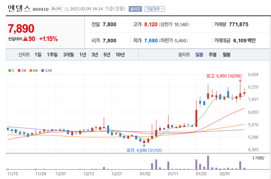 엔텔스 일봉 차트