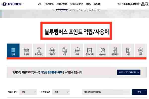 현대자동차 홈페이지에 안내되어 있는 블루멤버스 포인트 사용처 9가지 카테고리가 나와있는 사진이다