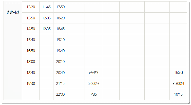 부안 시외버스터미널 시간표(전북 지역) 2