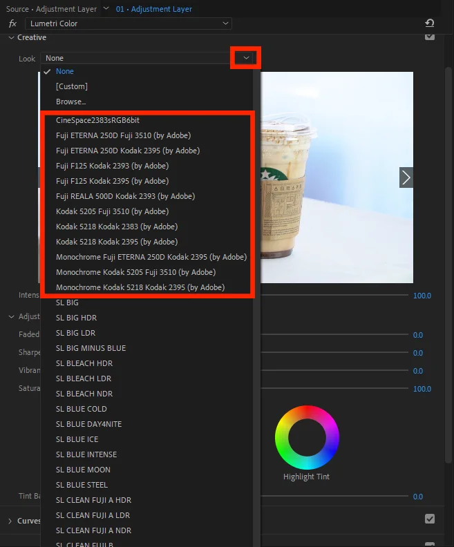 프리미어 프로의 lumetri color로 색 보정을 하는 모습