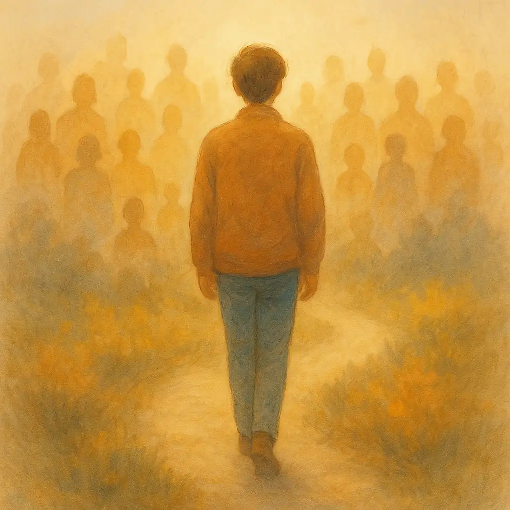 단주 후 안개 속을 걷는 듯한 회복자의 모습, 뇌 회복과 감정 조절을 상징하는 따뜻한 일러스트