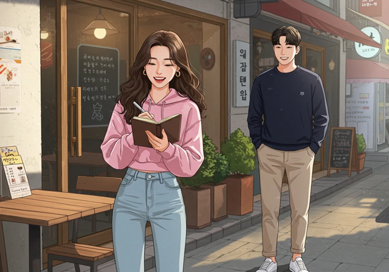 새로운 시작을 다짐하며 관계 기준을 세우는 한국 여성, 옆에서 응원하는 남자. 건강한 소통과 자기 존중. 한국 스타일.