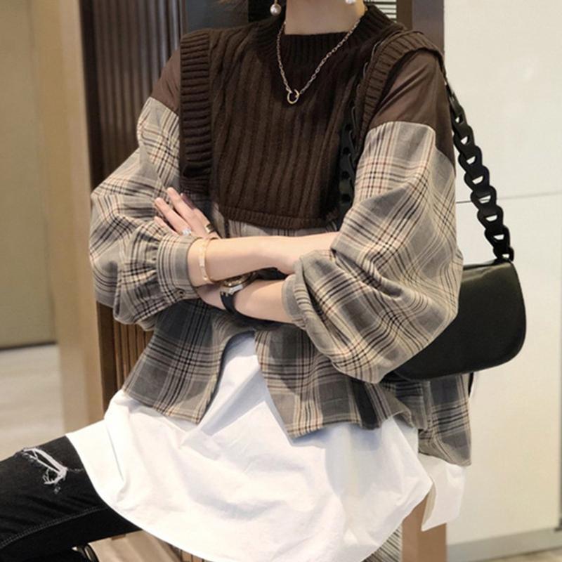 더블린 더블린 체크배색니트레이어드블라우스1종