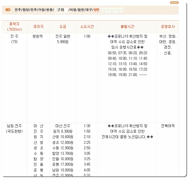 창원시외버스터미널 시간표 및 요금 6