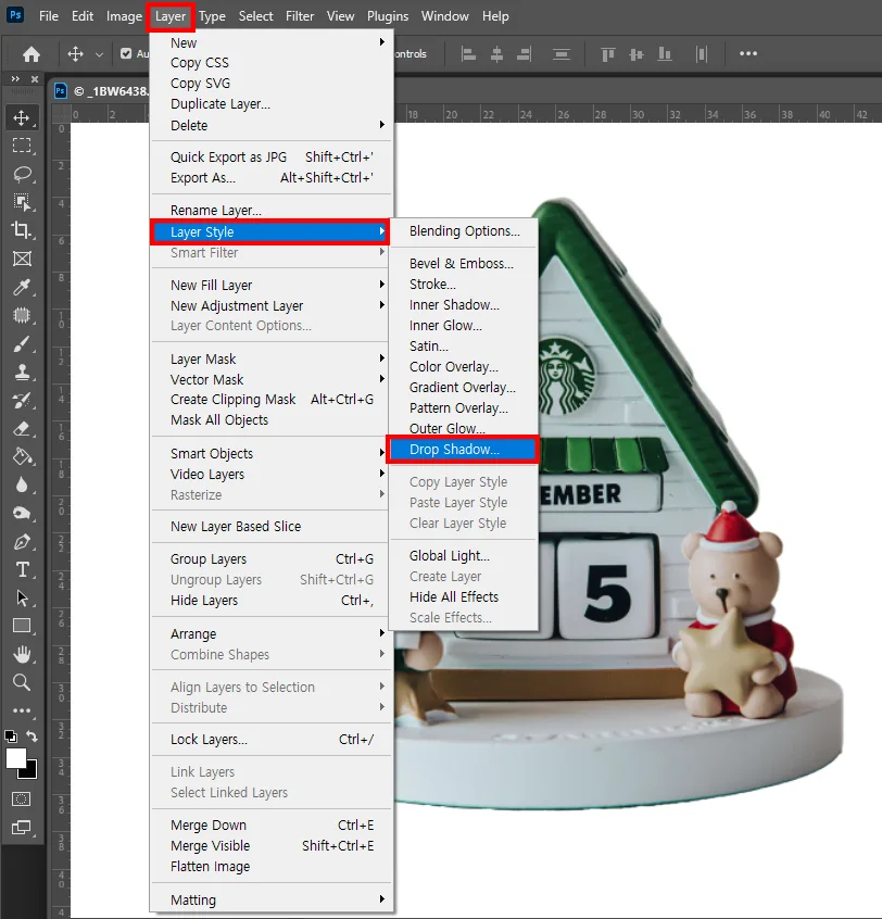 어도비 포토샵에서 레이어 스타일에서 그림자 넣는 모습