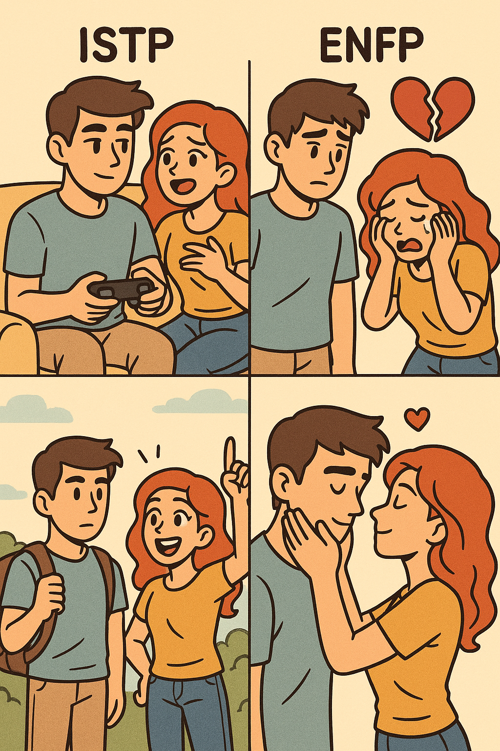 1. 서로 너무 달라서… 그래서 끌린다?
ISTP(실용주의자)와 ENFP(활동가)는 MBTI 궁합에서 ‘정반대의 매력’으로 자주 언급되는 조합입니다.
ISTP는 조용하고 분석적인 성향, 반면 ENFP는 외향적이고 감정 표현이 풍부하죠.
이 둘이 사귀게 되면 놀라운 케미와 함께 예측불가한 순간들이 벌어지곤 합니다.
그럼 실제로 어떤 일이 일어날까요?

2. TOP3: ISTP와 ENFP가 사귀면 벌어지는 일
✅ 1위. 대화 스타일 충돌… 하지만 결국엔 배움으로
ENFP는 감정을 말로 풀어내는 스타일. 하루의 기분, 기쁜 일, 서운한 일… 말하고 또 말해요.

반면 ISTP는 조용히 곱씹고 정리한 뒤에 말하는 스타일. 감정 표현이 느리고 간결하죠.

초반 충돌 포인트:
&quot;왜 말 안 해줘?&quot; (ENFP) vs. &quot;굳이 말해야 알아?&quot; (ISTP)

그러나 장기적으로:
ENFP는 감정을 천천히 다루는 법을, ISTP는 표현의 중요성을 배워갑니다.
→ 성장형 커플 조합

✅ 2위. 데이트 스타일 완전 상극… 그래서 더 특별한 하루
ENFP: 즉흥 여행, 깜짝 이벤트, 분위기 좋은 곳 탐방

ISTP: 혼잡한 곳 싫어함, 조용한 데이트 선호

실제 상황 예시:
ENFP: “오늘은 급으로 바다 보러 갈래?”
ISTP: “지금 3시야... 계획이 없잖아...”

하지만 한 번 해보면 의외로 즐거움을 느끼는 것도 ISTP의 매력.
→ ENFP는 순간을 풍성하게, ISTP는 안정감을 제공

✅ 3위. 사소한 것에서 싸우고, 진심에서 화해한다
ENFP는 감정의 온도가 높고, ISTP는 낮은 편이라 온도차에서 다툼 발생

하지만 두 사람 모두 의도적으로 상처 주는 타입은 아니며,
갈등 이후 깊은 대화와 진심 어린 사과가 따르는 조합이에요.

화해 시 ENFP 대사:
&quot;그때 내가 감정적이었어… 사실은 네가 필요했어.&quot;

ISTP의 행동:
직접 말은 없지만, 갑자기 준비된 선물이나 데려다주는 행동으로 마음 표현

3. 마무리: 완벽한 조합이 아니라, 성장하는 조합
ISTP와 ENFP는 분명히 다릅니다. 그래서 힘들 수 있고, 그래서 끌리기도 하죠.
이 조합의 가장 큰 장점은 **“서로에게 배울 점이 정말 많다”**는 것.
서로를 통해 감정을, 사고를, 관계를 성숙시킬 수 있는 진짜 성장형 커플입니다.

👉 혹시 당신도 ISTP나 ENFP인가요?
댓글에 연애 경험을 공유해 주세요! 실제 사례는 더 많은 사람들에게 큰 도움이 될 수 있어요 😊