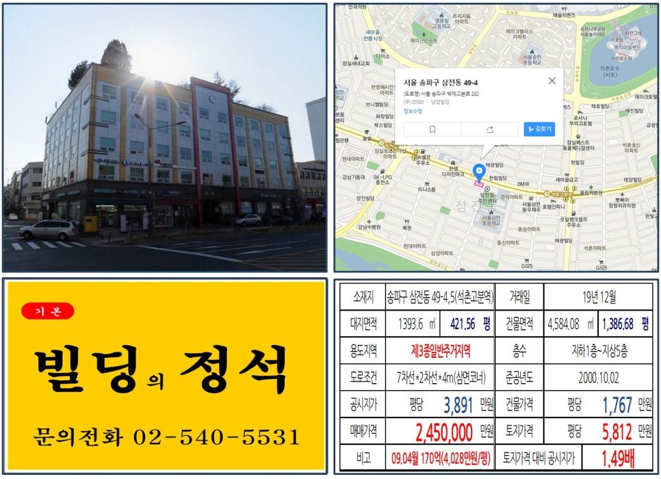 송파구 삼전동 49-4,5번지 건물이 2019년 12월 매매 되었습니다.