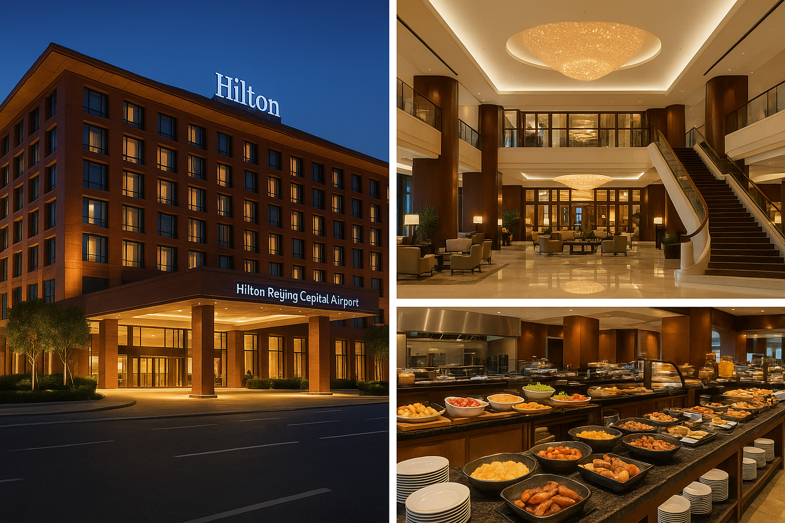 베이징 서우두 국제공항 Hilton Beijing Capital Airport 호텔 외관+로비+조식 뷔페 사진