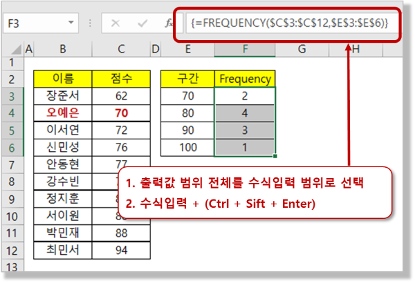 Ctrl + Shift + Enter로 배열 수식 입력