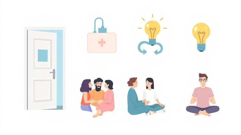 진료실 문, 대화하는 사람, 머리 위 전구(통찰), 명상하는 사람 등 다양한 도움 형태 아이콘
