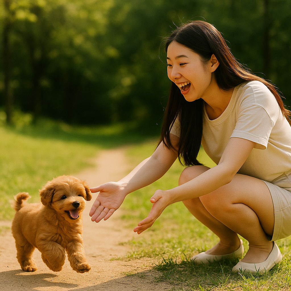 보호자가 이름을 부르자 기쁘게 달려오는 아기 푸들의 모습