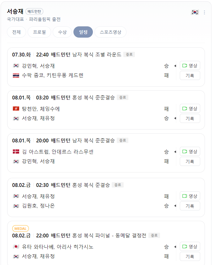 서승재 선수 남자배드민턴 경기 일정