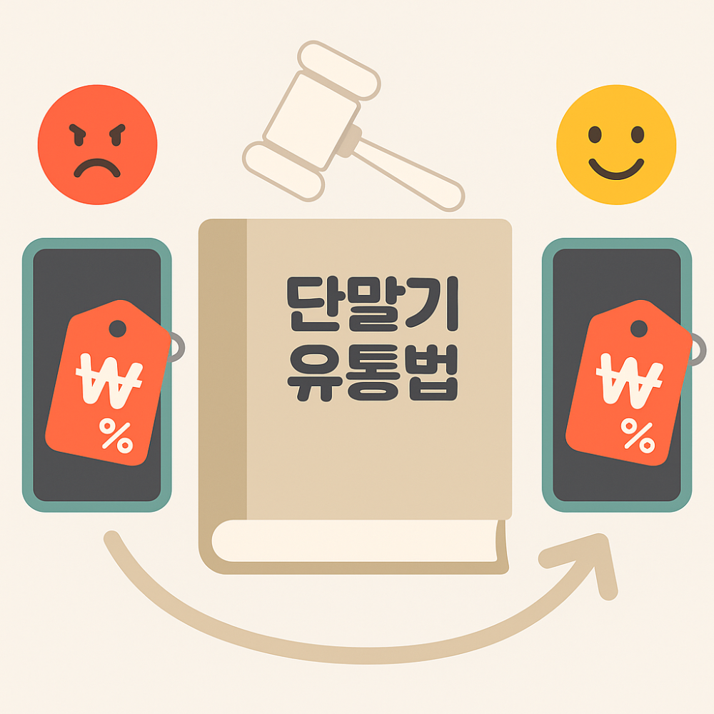 단말기 유통법의 의미를 시각적으로 표현한 인포그래픽, 가격 차별 해소를 위한 법과 스마트폰 가격 차이를 비교하는 일러스트
