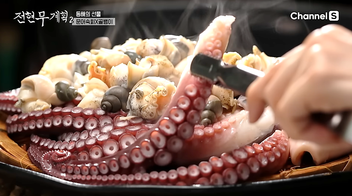 비주얼부터 압도적인 통문어숙회의 문어다리를 집게로 집어 올리는 모습, 전현무계획2 방송장면