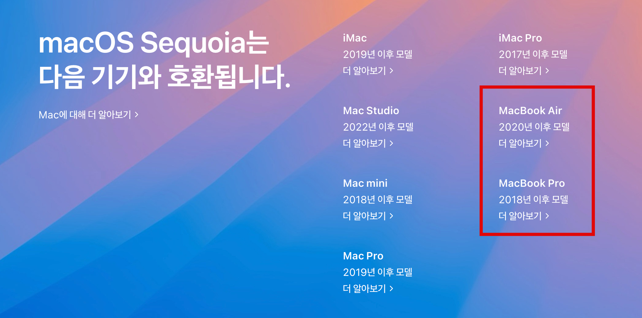 macOS Sequoia 호환 모델