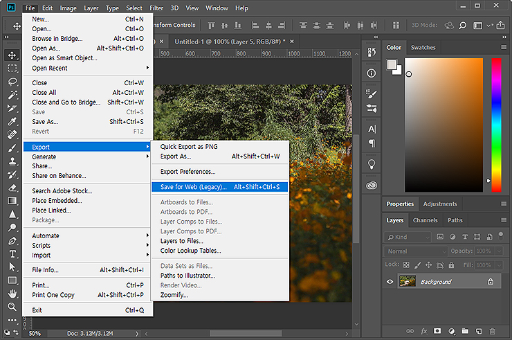 save for web 메뉴 선택하기