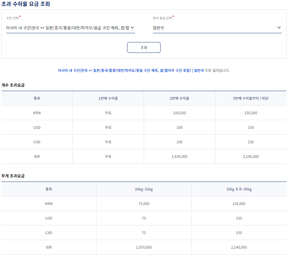 대한항공 초과 수하물 요금 규정-아시아 내 구간-일반석