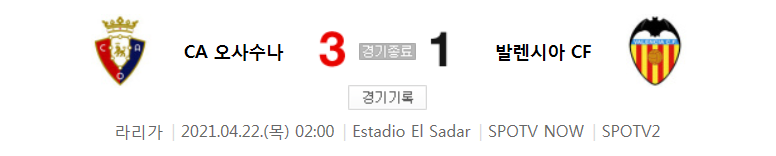  라리가 / 2021년 4월 22일 경기 - 오사수나(3) VS 발렌시아(1) 축구 하이라이트