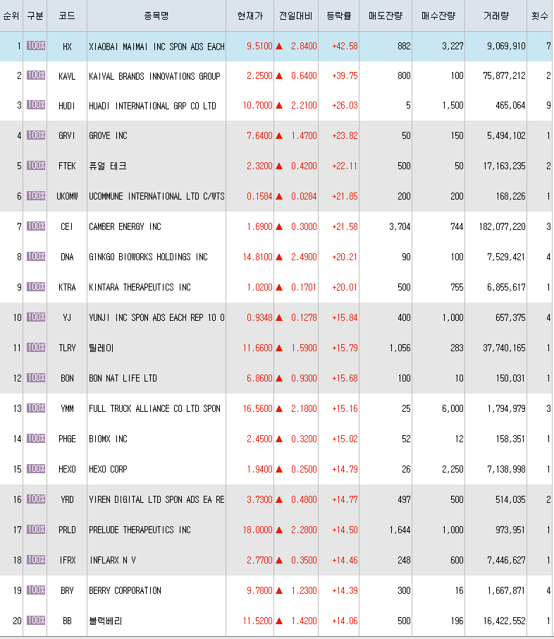  10월19일 미국주식 상승률 상위 종목 TOP 300