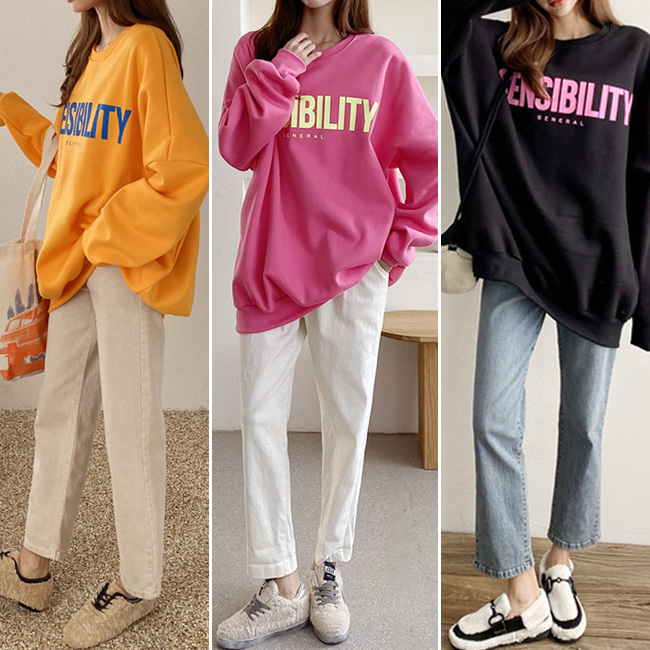  안감기모 라운드네크라인 비비드컬러 루즈핏 롱맨투맨