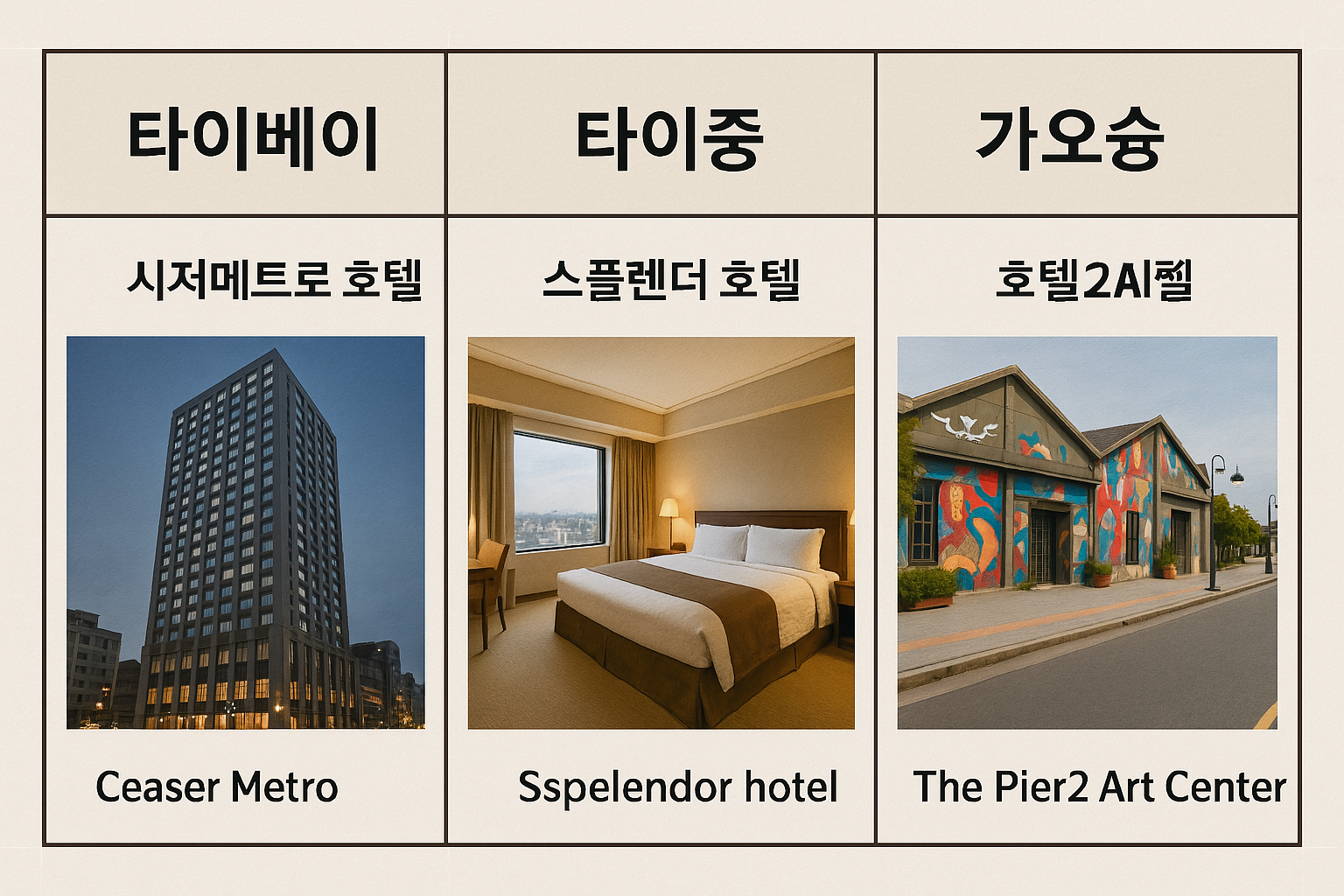 도시별 호텔을 한눈에 비교한 이미지 (표 형태)