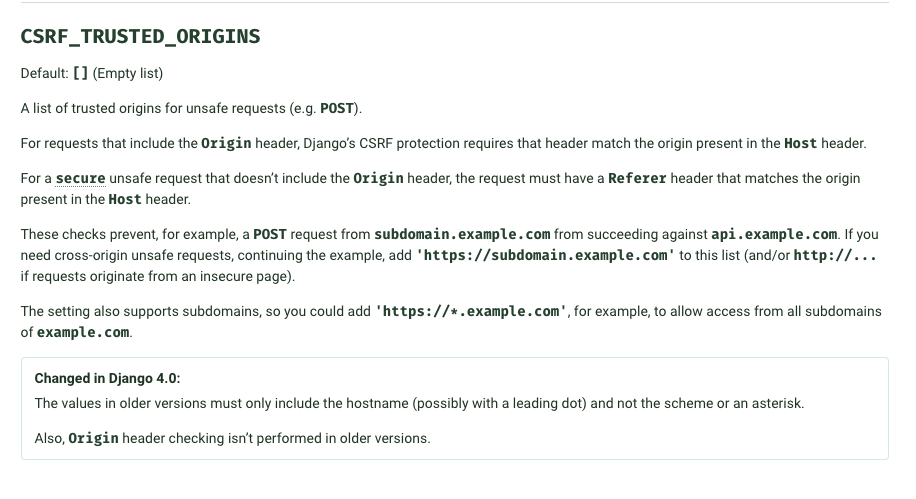 (캡쳐) Django 공식 문서 - CSRF_TRUSTED_ORIGINS 항목