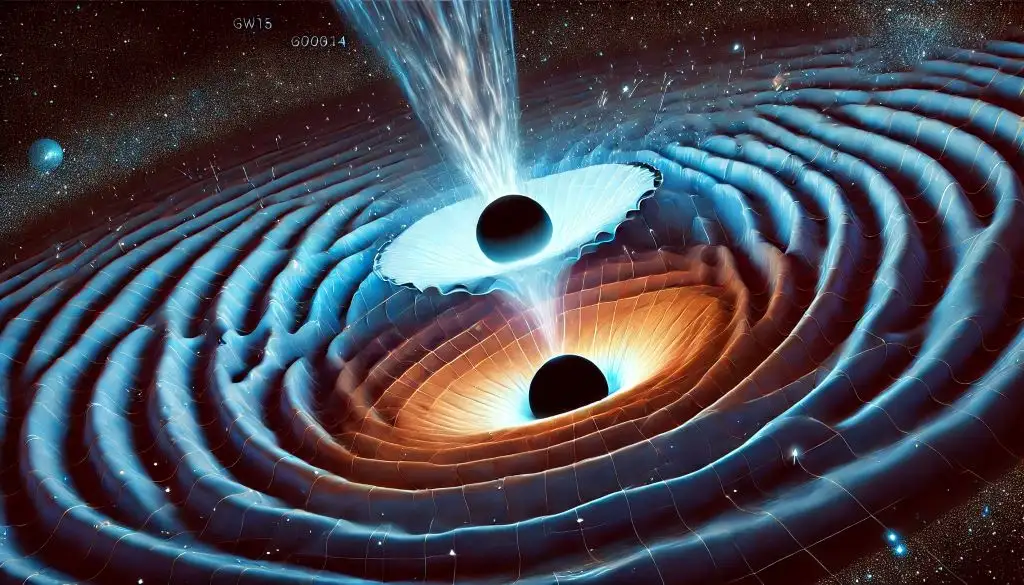 이 이미지는 2015년 첫 번째 중력파 탐지 사건을 시각적으로 재현한 것입니다. 두 개의 블랙홀이 병합하면서 발생하는 중력파가 시공간을 통해 전파되는 모습을 보여줍니다.
