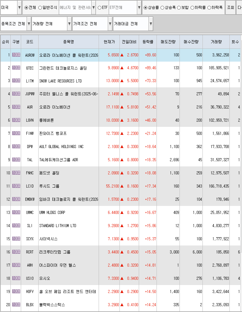  11월19일 미국주식 상승률 상위 종목 TOP 300