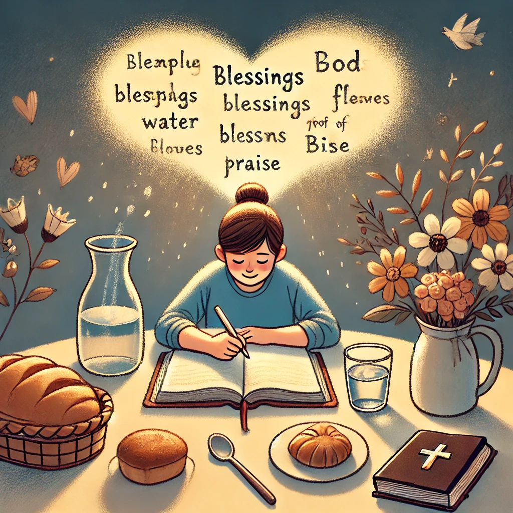 Here is the image depicting a person reflecting on and recording their blessings with a heart full of gratitude. The peaceful atmosphere symbolizes contentment and thanksgiving&amp;#44; as the person praises God for the simple&amp;#44; yet profound blessings in their life.