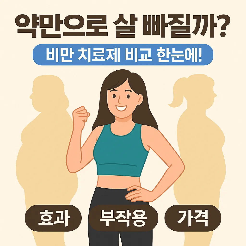 비만 치료제 복용 전후 여성 실루엣을 비교한 밝은 톤의 일러스트 이미지. 상단에는 ‘약만으로 살 빠질까? 비만 치료제 비교 한눈에!’라는 문구가 강조되어 있으며, 하단에는 효과, 부작용, 가격이라는 핵심 키워드가 시각적으로 정리되어 있다.