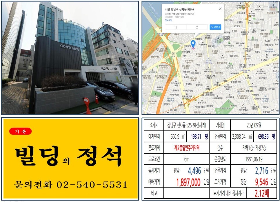  [강남구 신사동 가로수길 오피스 100억 빌딩 실거래가 조회] 신사동 525-9 (신사역) 189억 7,000만 원, 평당 9,546만 원 매매