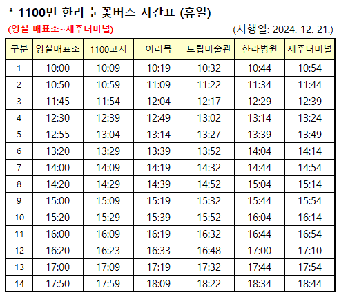 제주도겨울가볼만한곳-한라눈꽃버스시간표