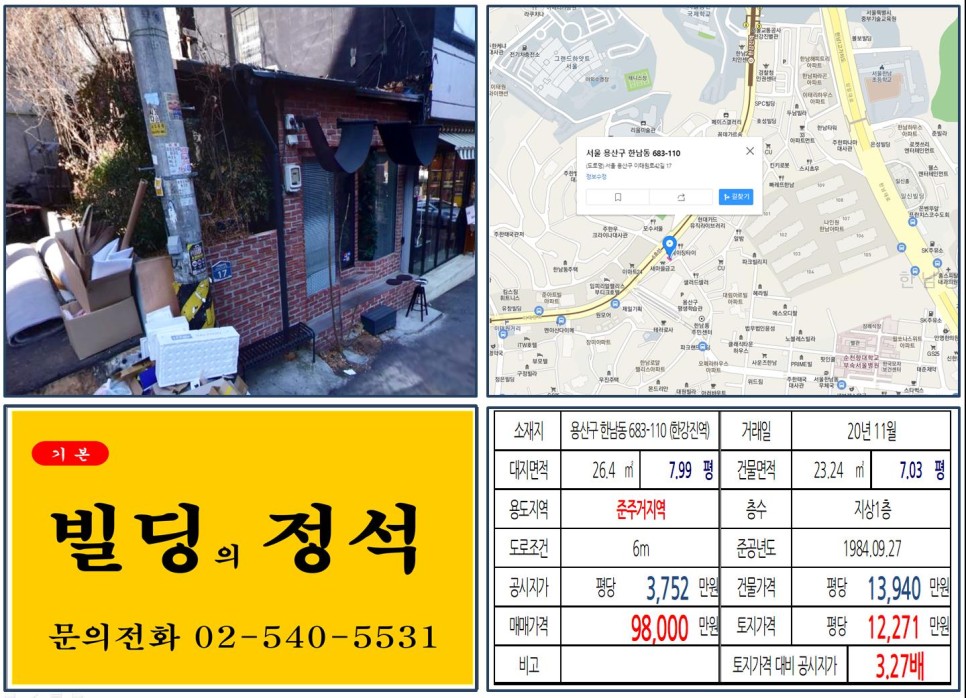  [용산구 한남동 나인원아파트 카페골목 9억 빌딩 실거래가 조회] 한남동 683-110 (한강진역) 9억 8,000만 원, 평당 1억 2,271만 원 매매되었습니다.