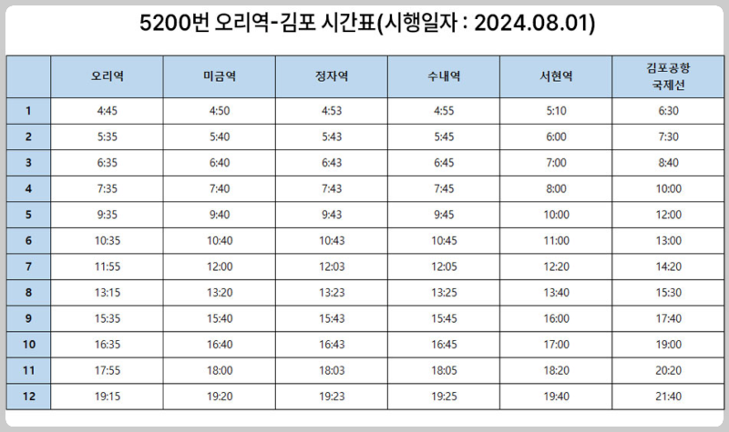 5200번 버스 시간표, 공항버스 5200 예매 - 버스시간표