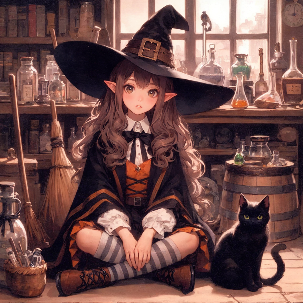 연구실 안에서 마녀 모자를 쓰고 검은 고양이와 함께 앉아 있는 갈색 머리 소녀
