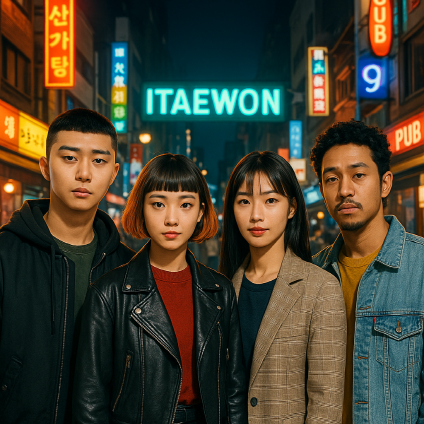 이태원클래스의 주요인물들인 젋은 남녀 4명이 이태원 거리에 함께 서 있는 모습