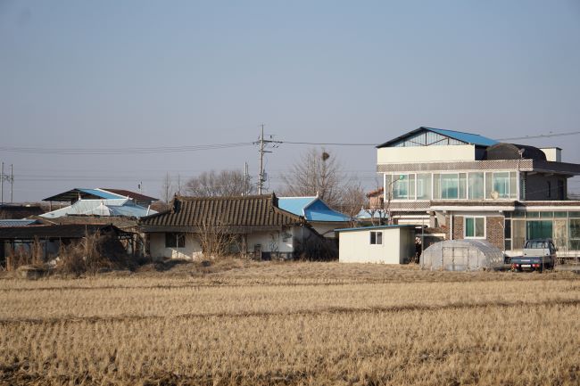 들판 뒤로 보이는 마을 풍경&#44; 가운데 기와지붕 한 채&#44; 푸른 하늘&#44;