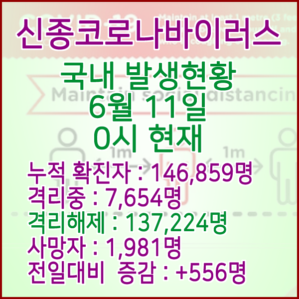  코로나19(코로나바이러스) 6월 11일 0시 국내(해외포함) 발병 146,859명 / 137,224명 완치 격리해제 / 사망자 1,981명